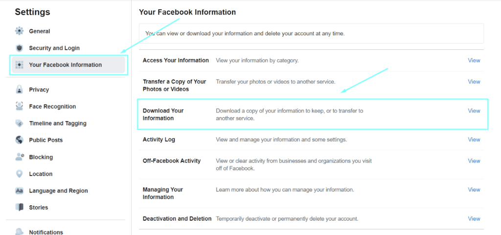 A screenshot from Facebook profile settings with blue arrows highlighting how to download data, anonymous internet
