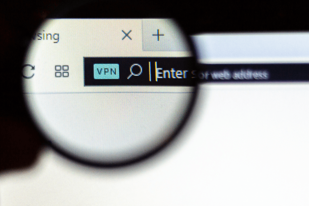 A magnifying glass focuses on a browser VPN label in a private browsing search bar