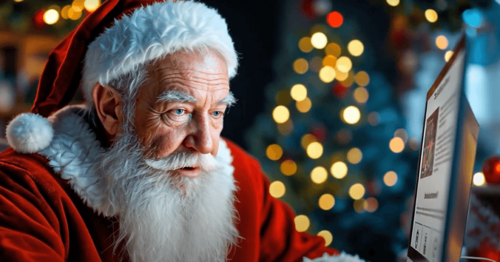 Santa seen looking at a computer monitor for the IPVanish Christmas Ad
