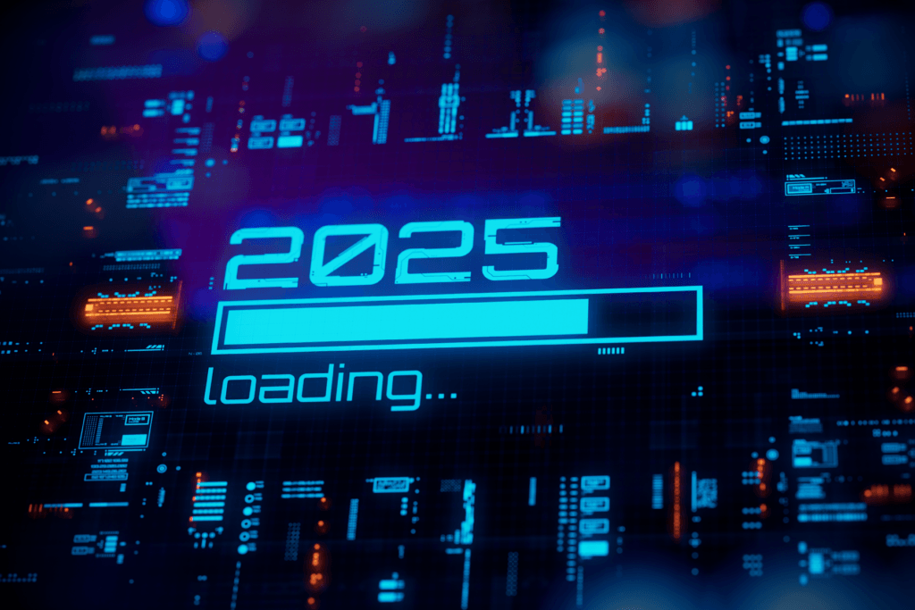 A visualization of a digital progress bar loading to 2025, decorative for cybersecurity trends post