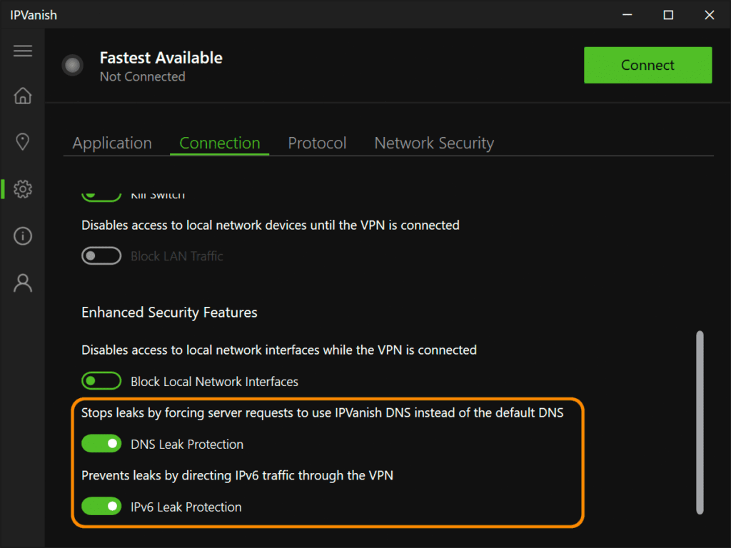 The IPVanish app Connection Settings in which a person can disable IPv6 to prevent VPN leaks without disabling IPv6 on their whole machine