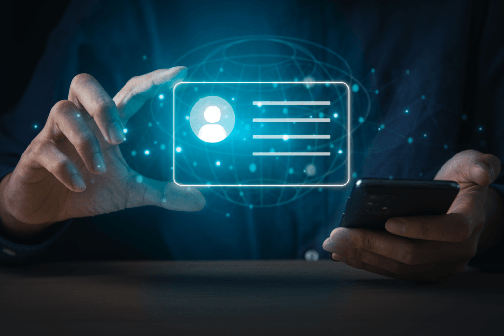 A visualization of a person holding a digital ID while using their phone, demonstrating the function of a federated identity