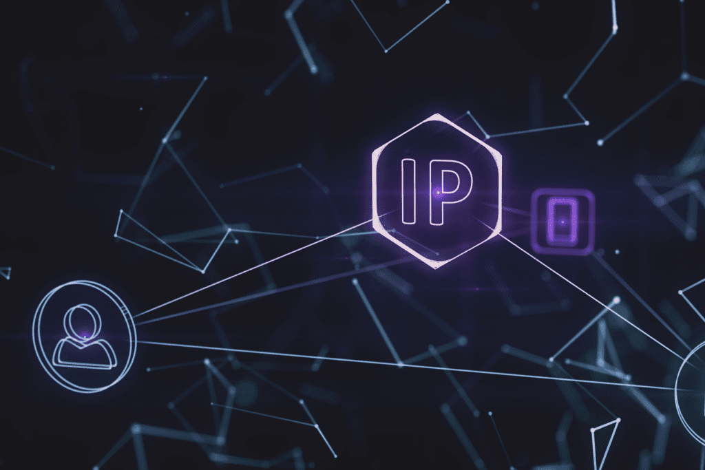 image visualizes an IP address data point, connected to an individual and a data packet