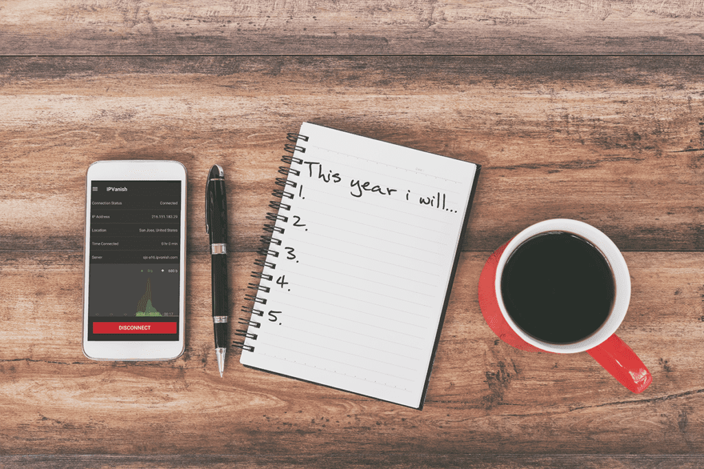 A list in a notebook titled 'This year I will', next to a cup of coffee, a pen and cellphone.