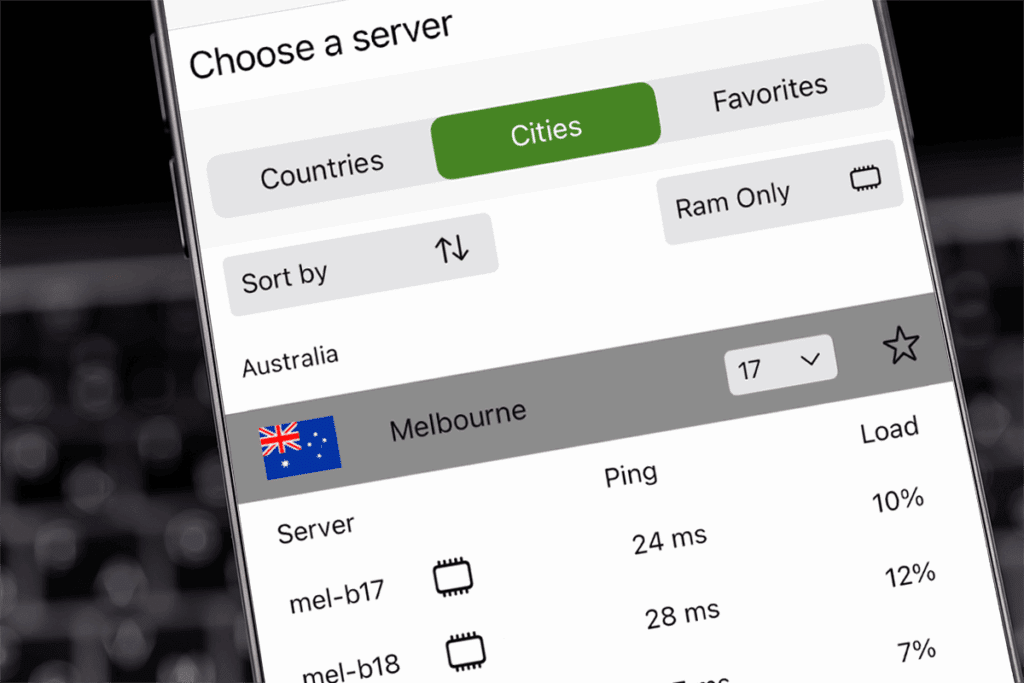 An image of a phone showing the RAM-only filter and display within the IPVanish app for iOS