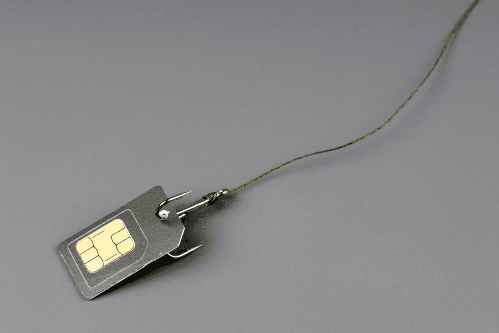 A SIM card on a phishing string to exemplify SIM swap attack methods