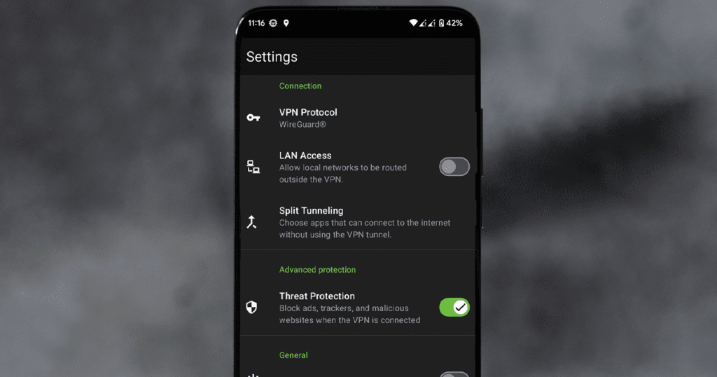 A phone is open to the threat protection feature of the IPVanish Android beta