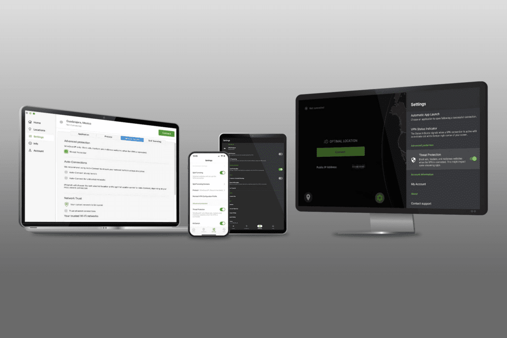 The interface of the Threat Protection feature at IPVanish is displayed on a laptop, a phone, a tablet, and a TV monitor