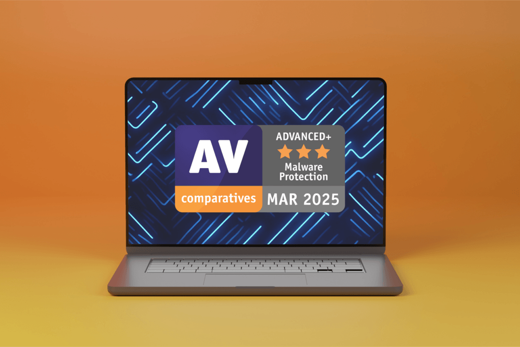 A computer displays the AV Comparatives Advanced+ badge for its Malware Protection test as received by VIPRE Advanced Security, which powers the malware protection intelligence at IPVanish