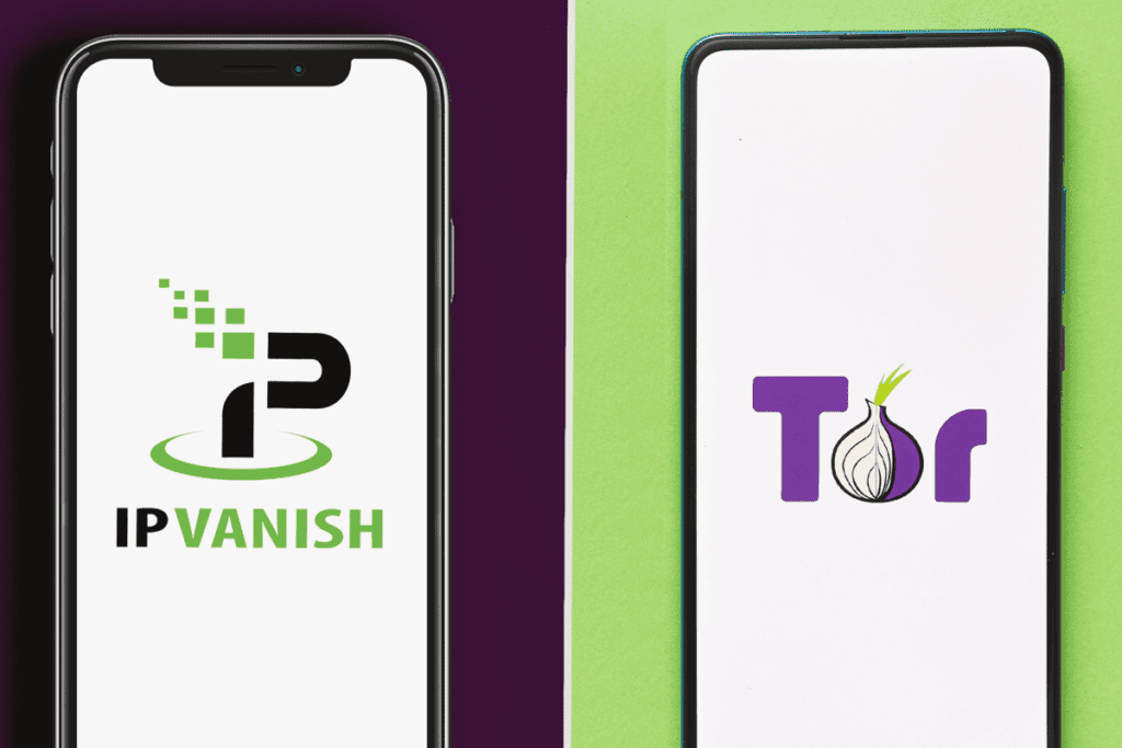 An iPhone with the IPVanish logo sits on a purple background compared to an Android with the Tor logo resting on a green background
