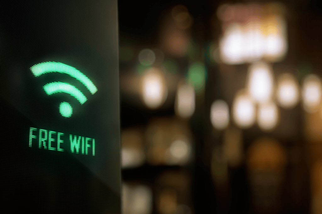 Photograph of a sign displaying "Free Wi-Fi" over a bokeh background.