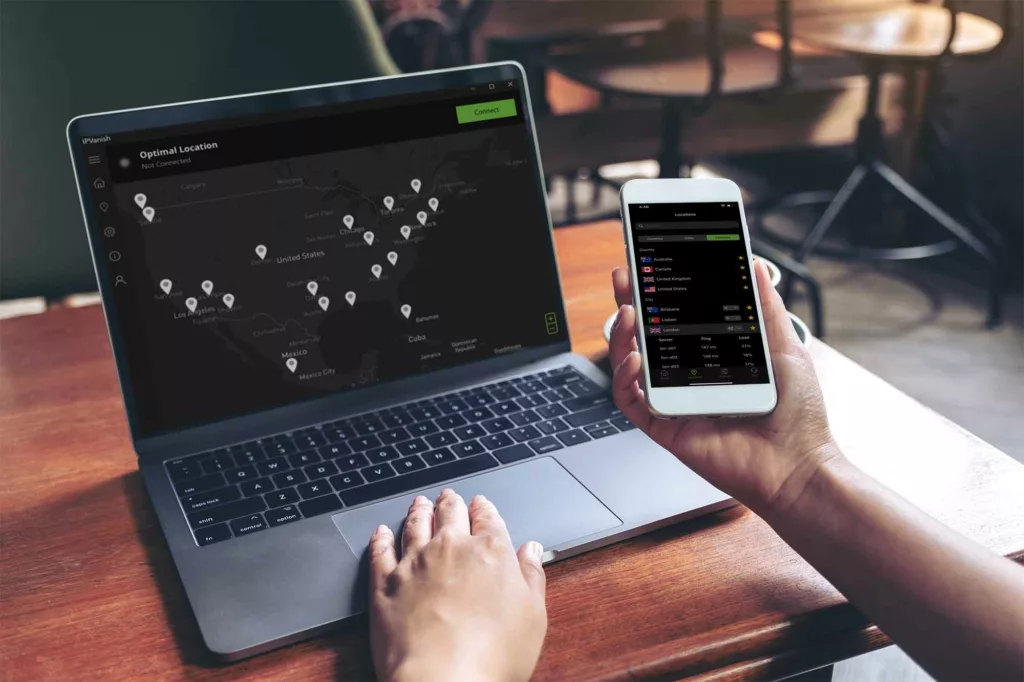 IPVanish VPN app on laptop and phone