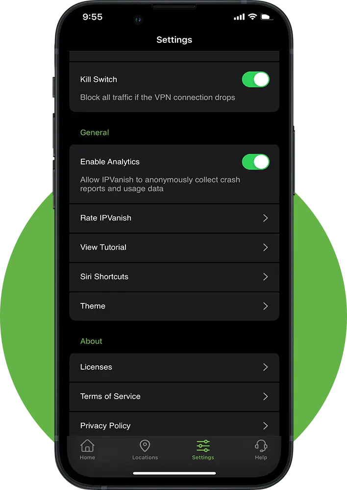 IPVanish App Settings on mobile