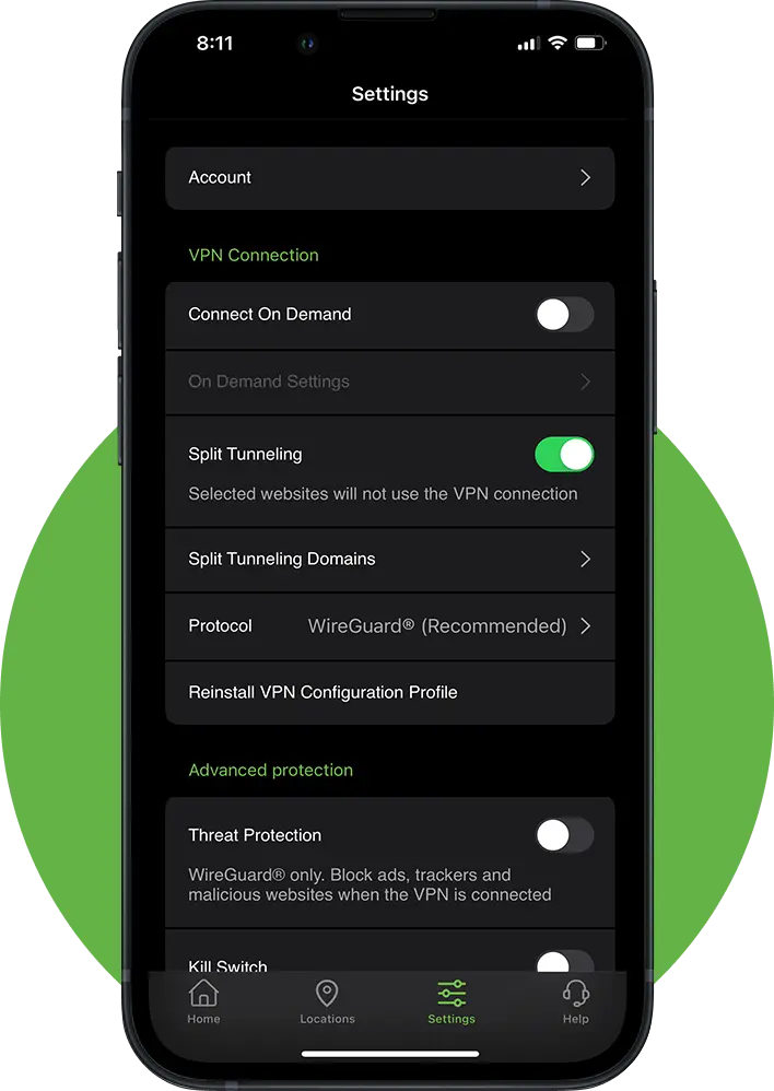 IPVanish App settings on mobile