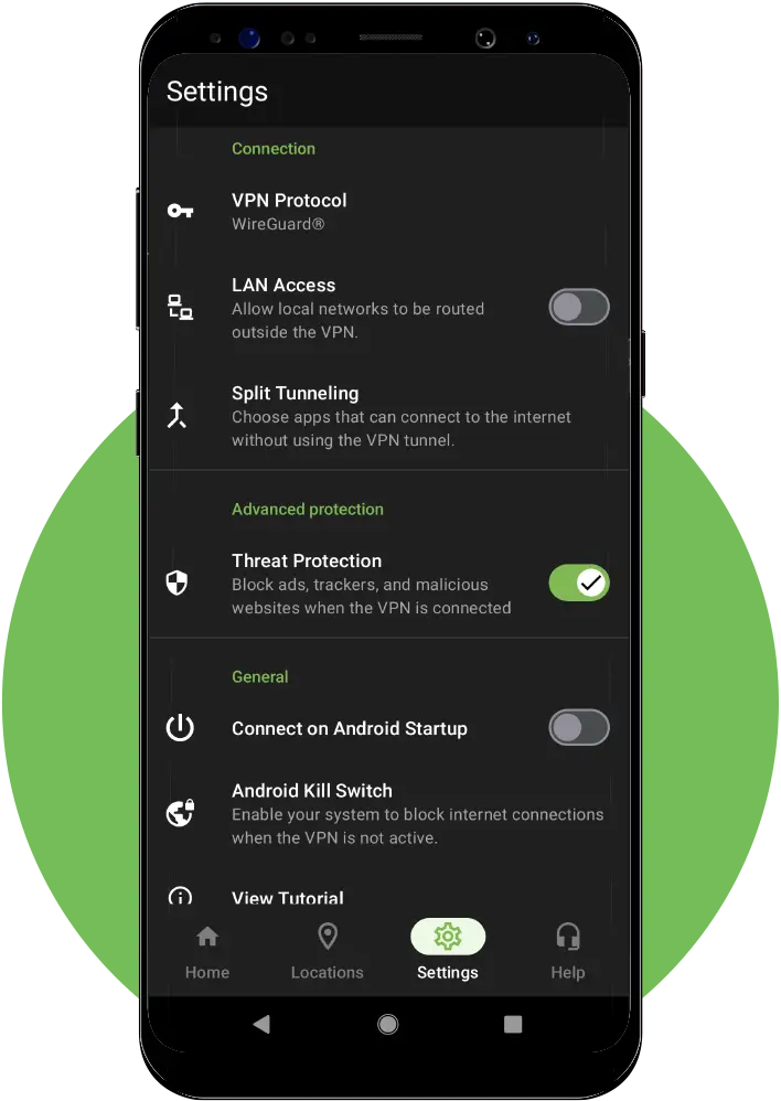 IPVanish settings app on mobile